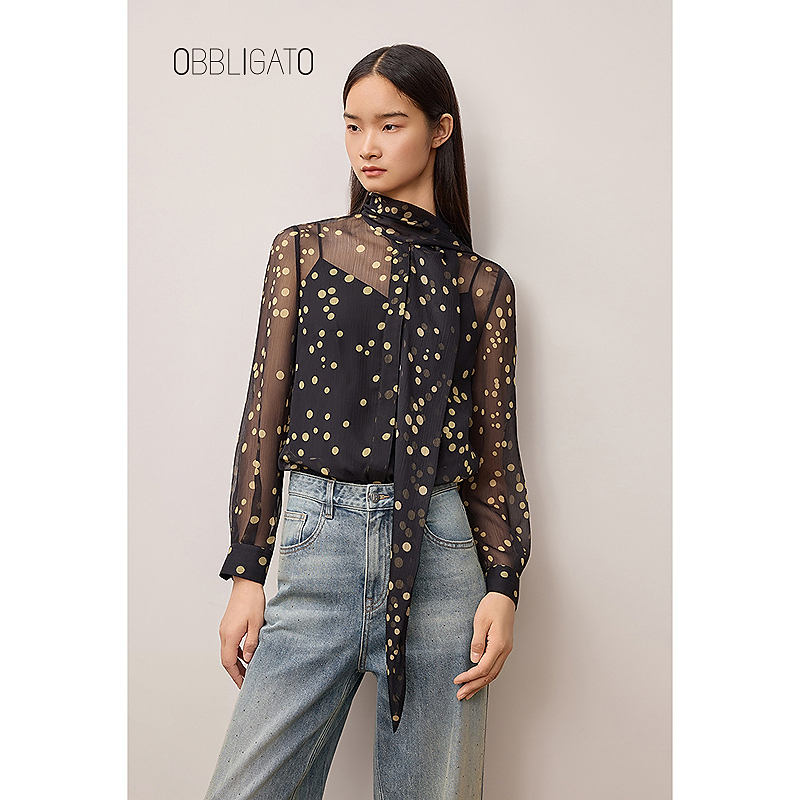 OBBLIGATO奥丽嘉朵2025秋季1C35370100新品飘带领假两件波点衬衫