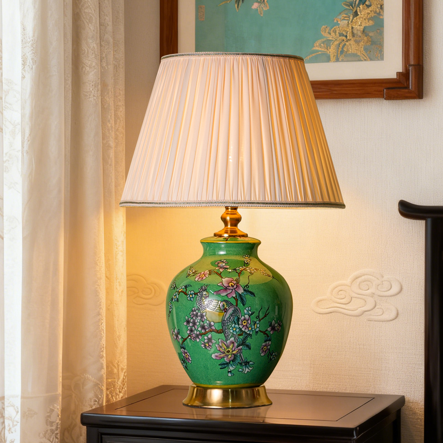 景德镇手工绘画轻雕填色床头灯复古风轻奢风时尚圆形书房奢华台灯