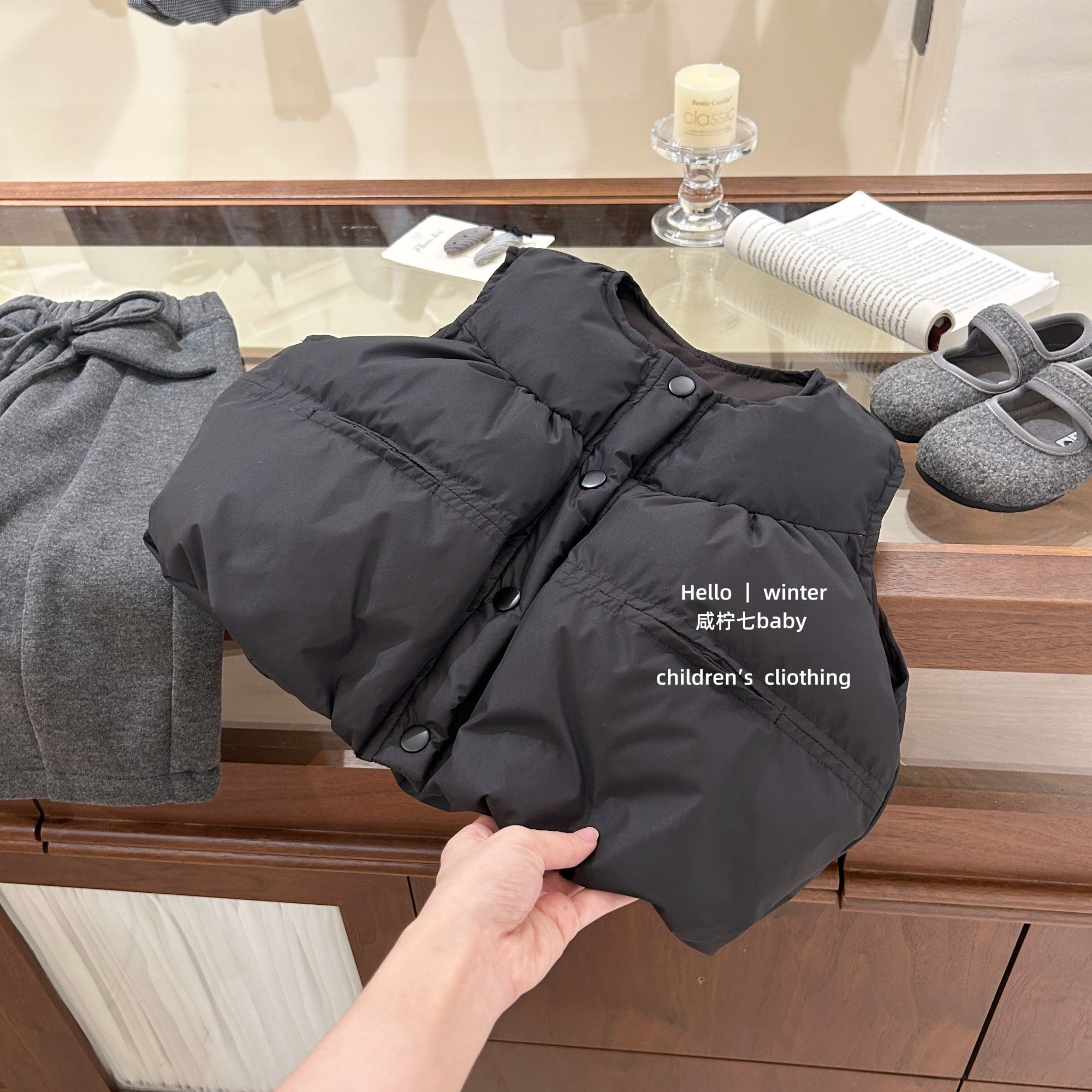 【咸柠七】儿童马甲男女童冬装加厚黑色面包服宝宝保暖洋气背心套装