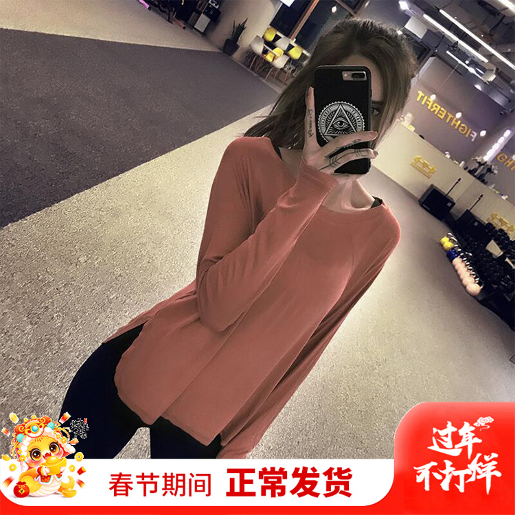 大码宽松运动上衣女跑步罩衫网红健身恤快干透气瑜伽服长袖春秋