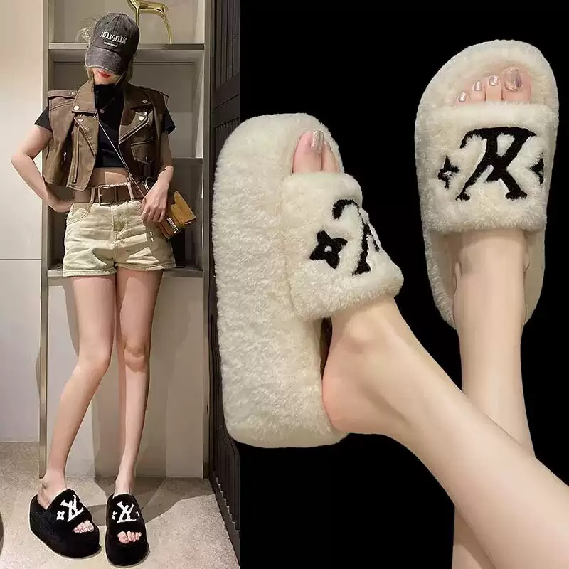 反绒小香风中跟一字毛毛鞋百搭韩版厚底增高7CM毛绒软底时尚外穿