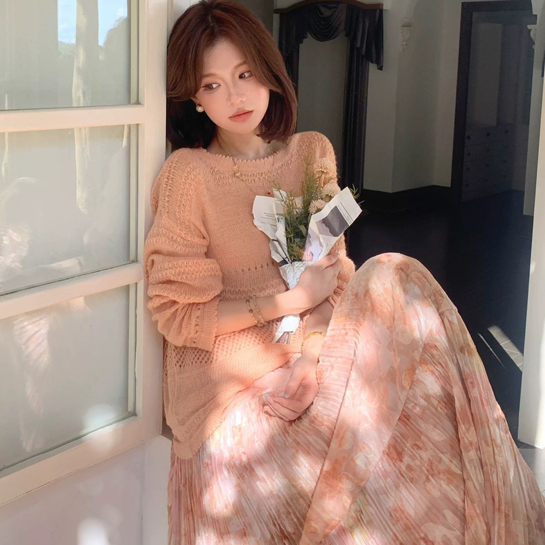 针织宽松长袖镂空中长款常规毛针织衫圆领毛衣女