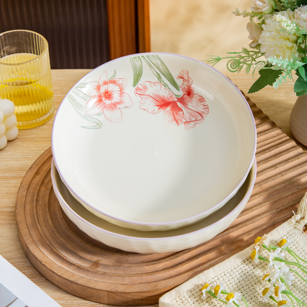 家用陶瓷餐具美二烧釉下彩画沙系列8英寸菱格深盘菜盘(2个装)