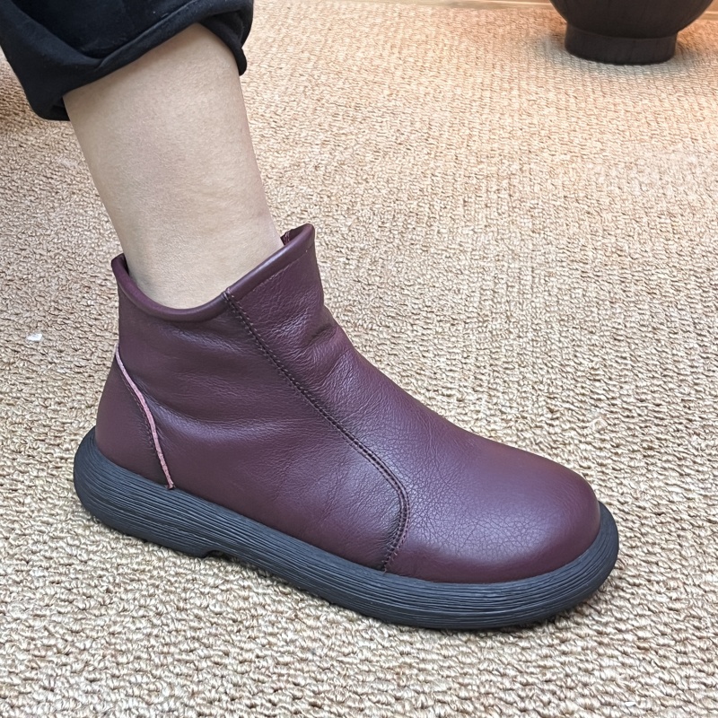 2025新款头层牛皮短靴舒适百搭复古潮流圆头加绒秋冬女靴