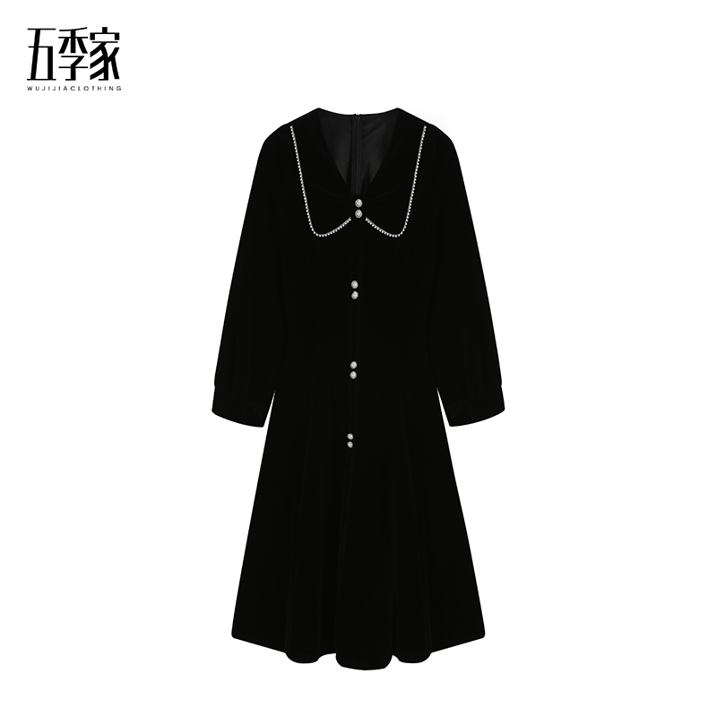 秋冬微胖大码显瘦气质百搭黑色收腰中长款连衣裙五季家ZL53045