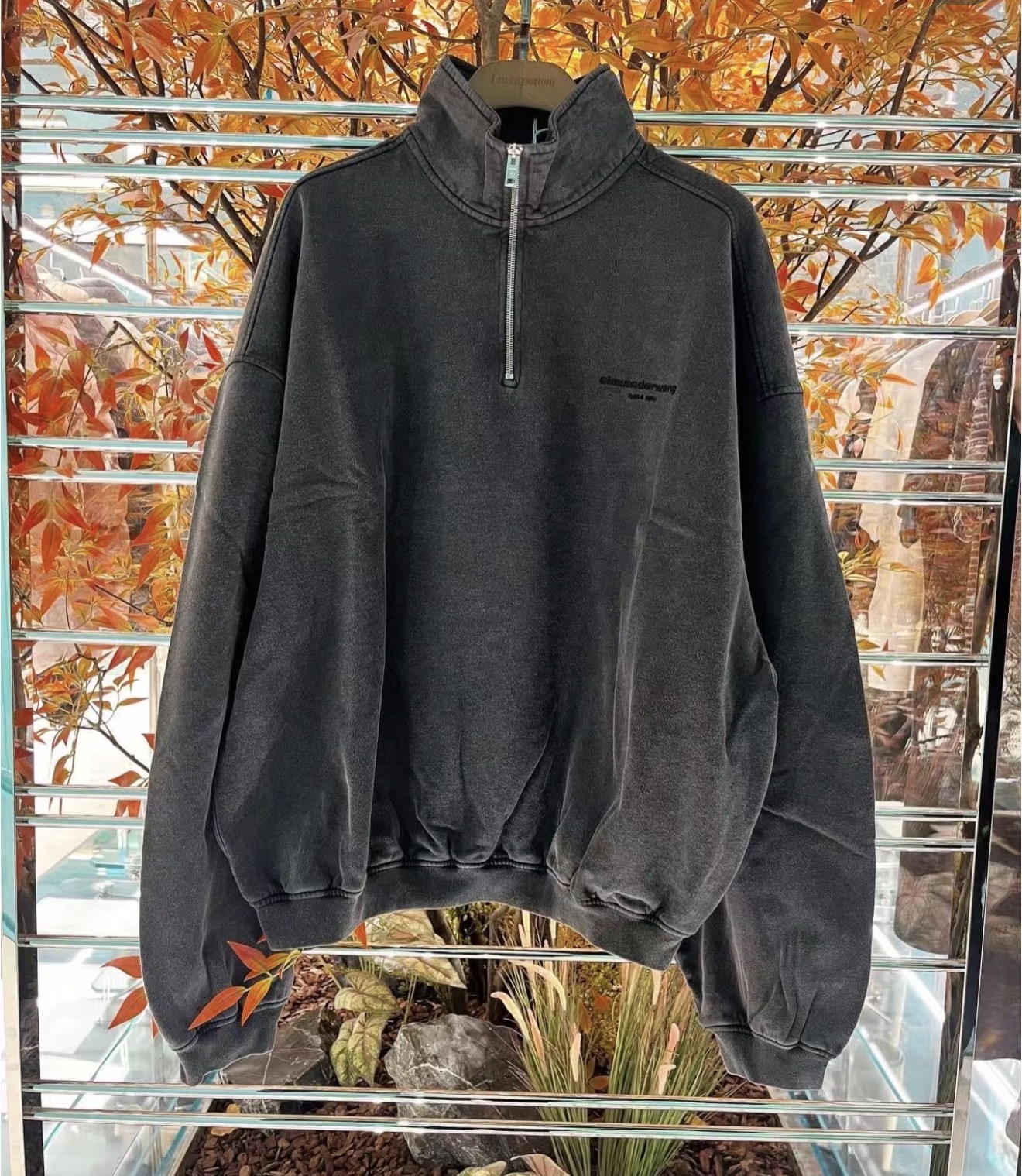 未使用 ALEXANDER WANG 褪色水洗 立领宽松落肩长袖卫衣 男女同款