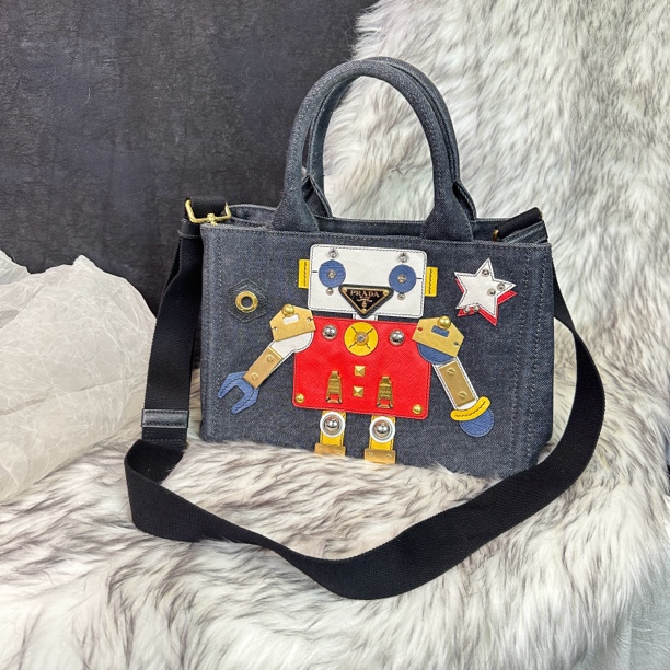 95新 Prada/普拉达 机器人丹宁手提斜挎沙滩包