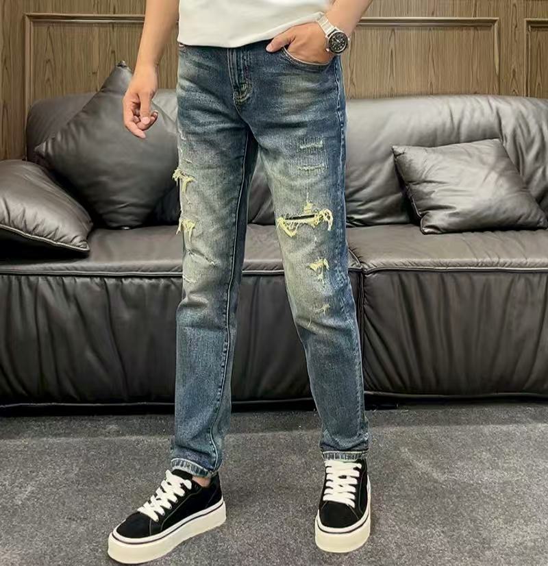 25秋冬50012男士复古修身小脚破洞灰蓝赤耳牛仔裤休闲风韩系