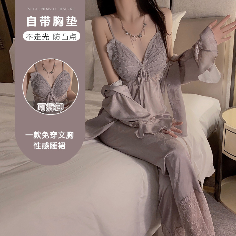 【80-160斤】Adult toys四件套性感缎面印花深V深V加胸垫露背家居服