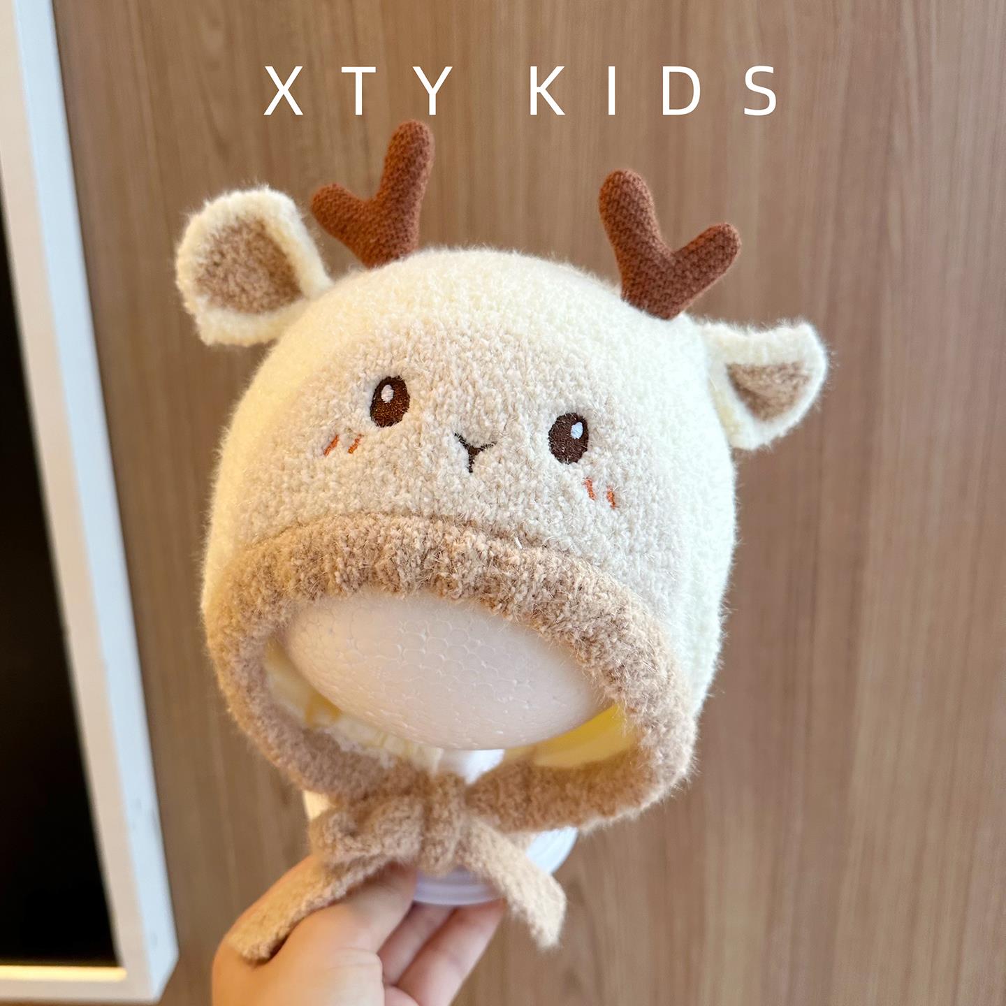 婴儿帽子秋冬季毛绒帽小月龄男女宝宝可爱小鹿卡通加厚保暖护耳帽