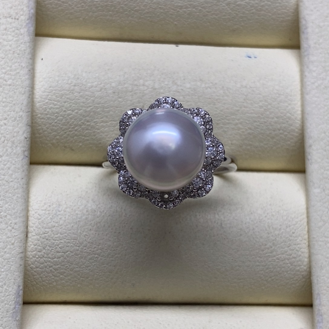 银S925镶嵌戒指海水珍珠澳白无暇10-11mm戒指