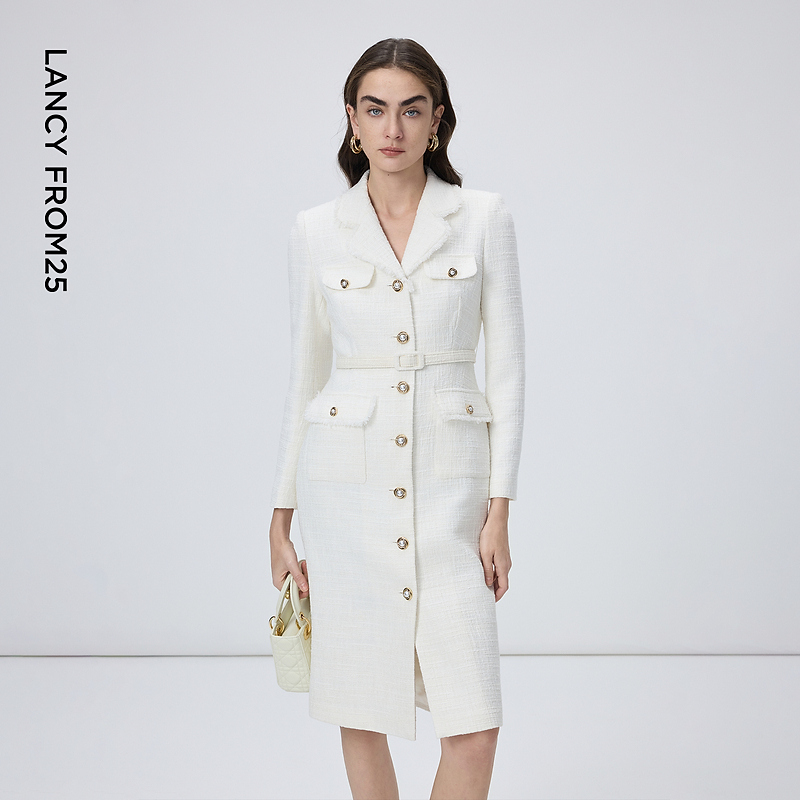 朗姿棉质复古小香风设计感高级感显瘦裙子通勤休闲收腰连衣裙冬季