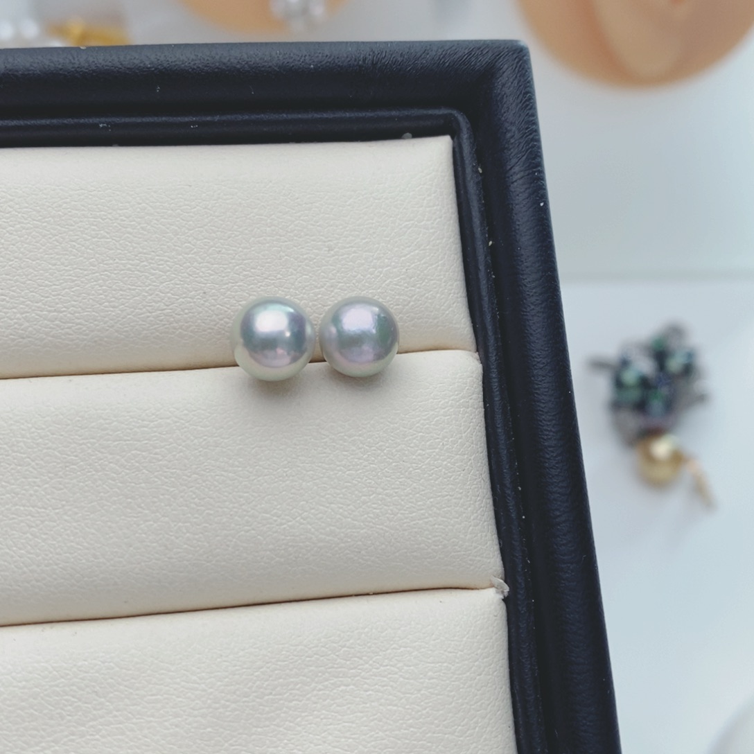 海水珍珠耳饰银S925镶嵌7-7.5mm真多麻