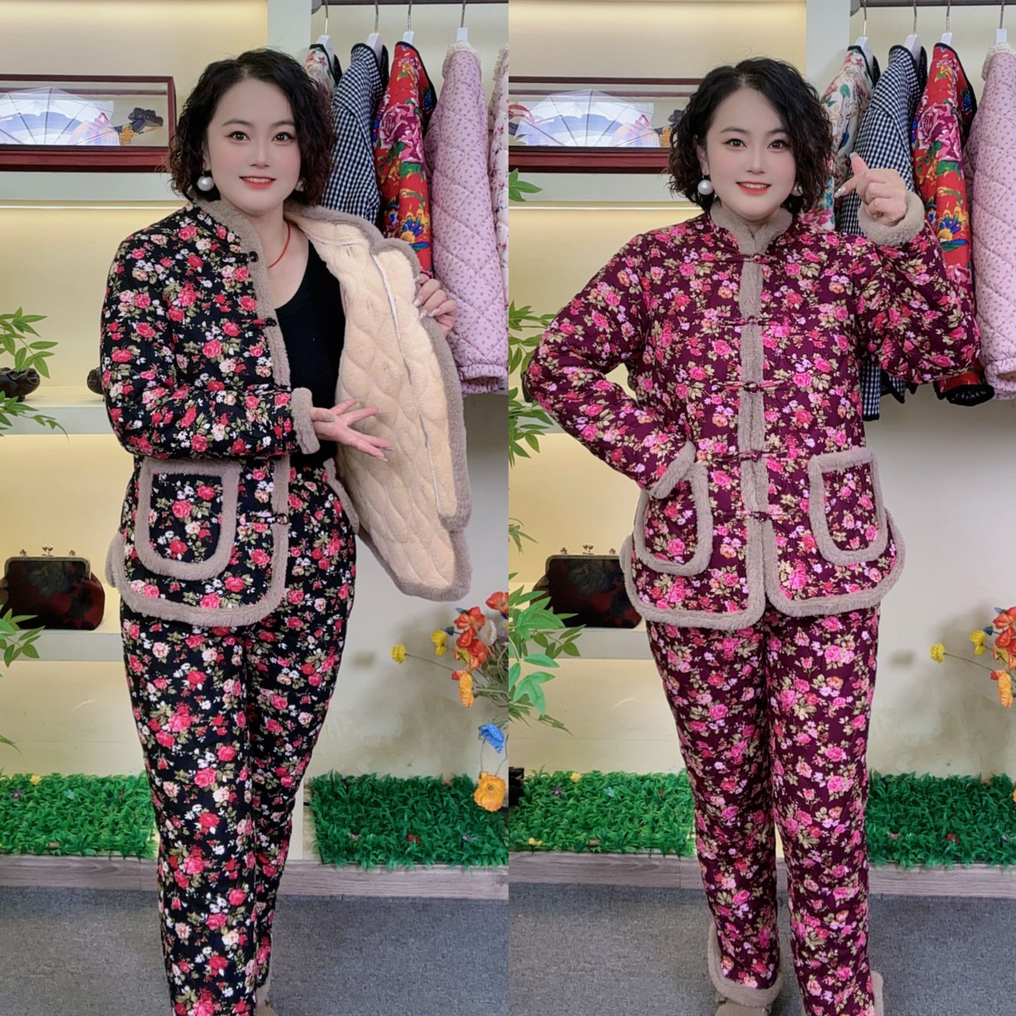 冬季新款复古立领中式盘扣碎花格子加绒加厚中老年棉服套装
