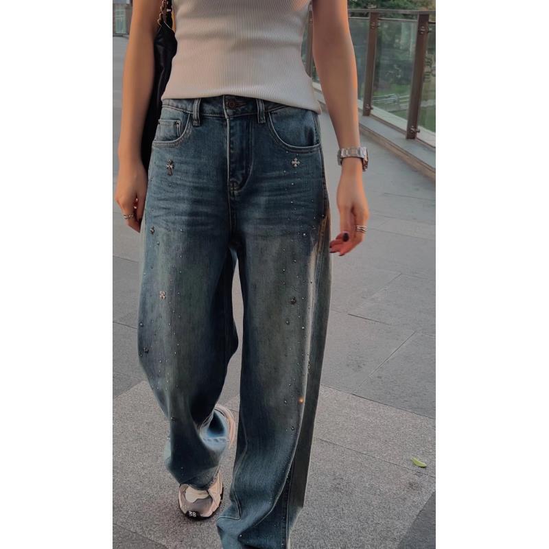 【玥】新款重工满天星十字烫钻复古简约风女款加绒牛仔裤K5001-2