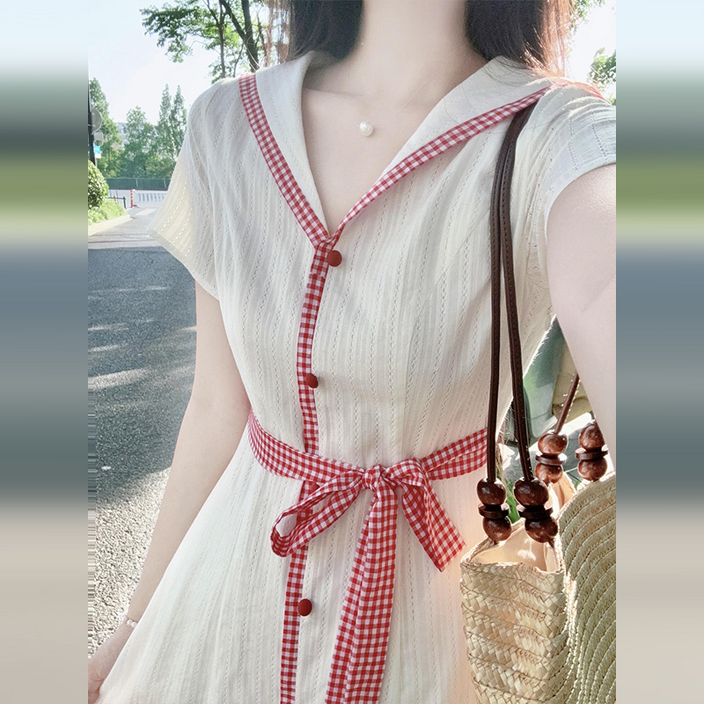 【现货+运补】撞色娃娃领短袖连衣裙女夏高级感收腰显瘦绝长裙3790