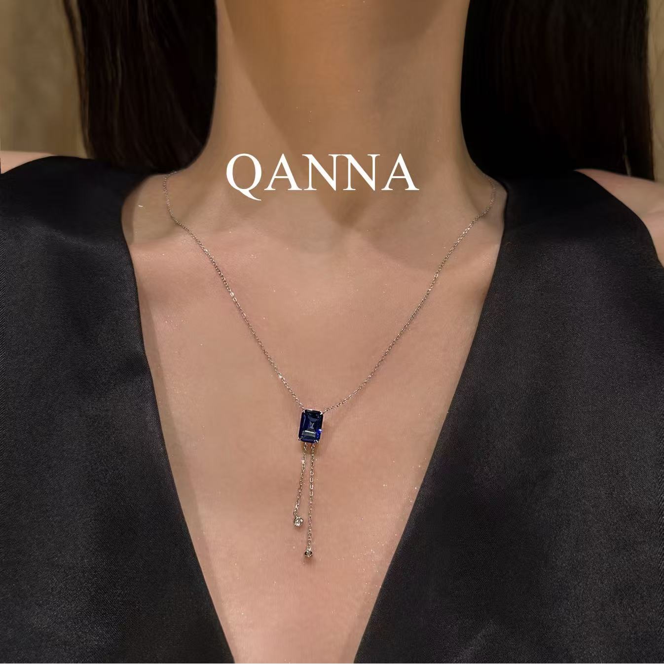 QANNA【蓝色方形泡泡链】【Y字链】奢华轻奢百搭钻石锁骨链项链AY