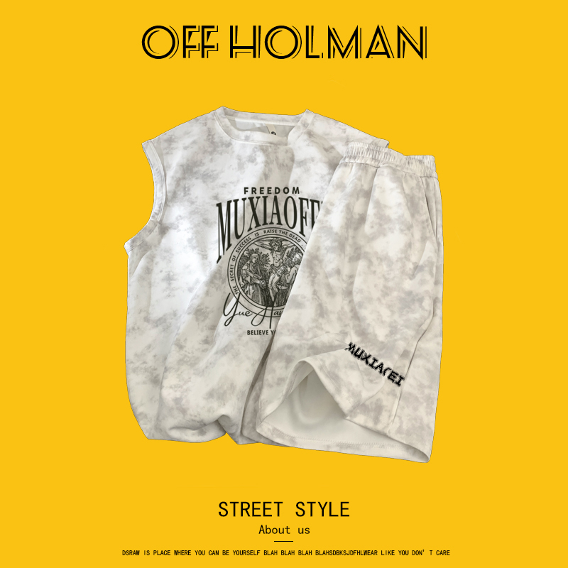 OFF HOLMAN夏季休闲宽松运动扎染潮流无袖美式背心百搭男士套装