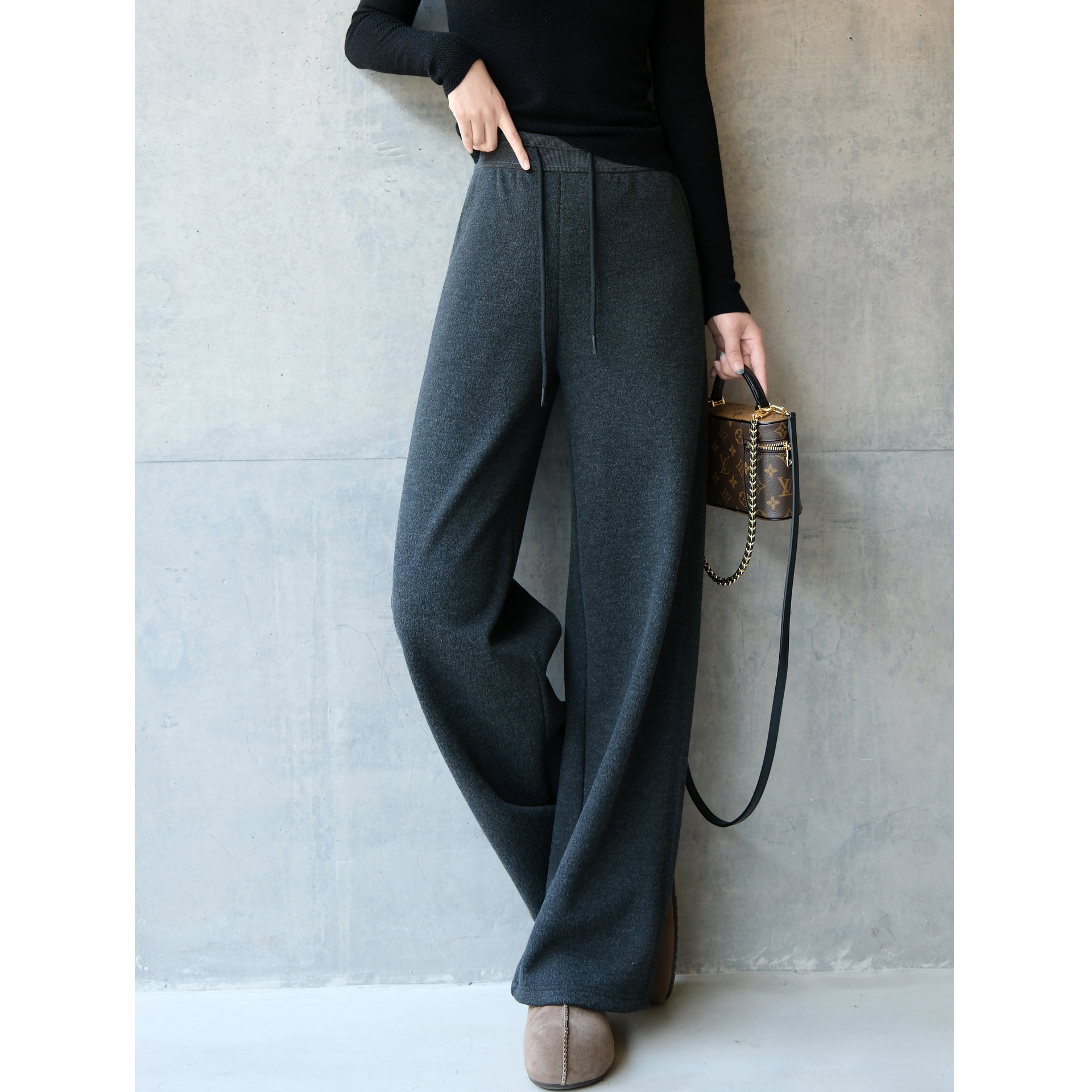 软糯山羊绒高腰加绒加厚直筒裤子 细腻桑蚕丝阔腿裤窄版直筒卫裤