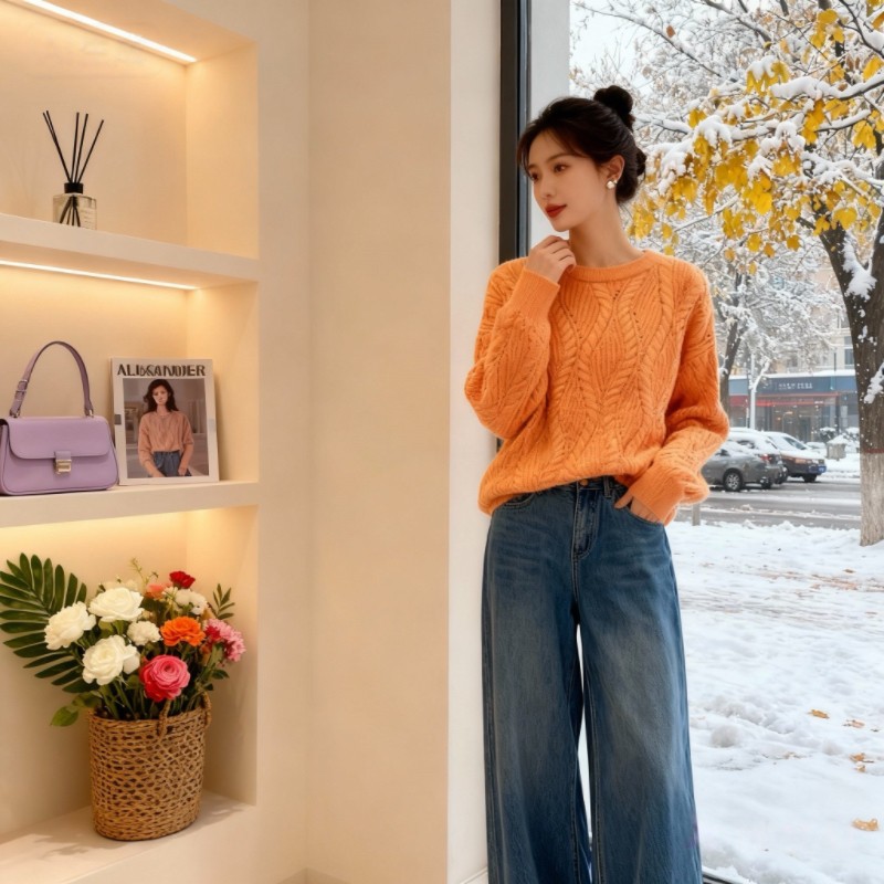 珊瑚色针织毛衣2474