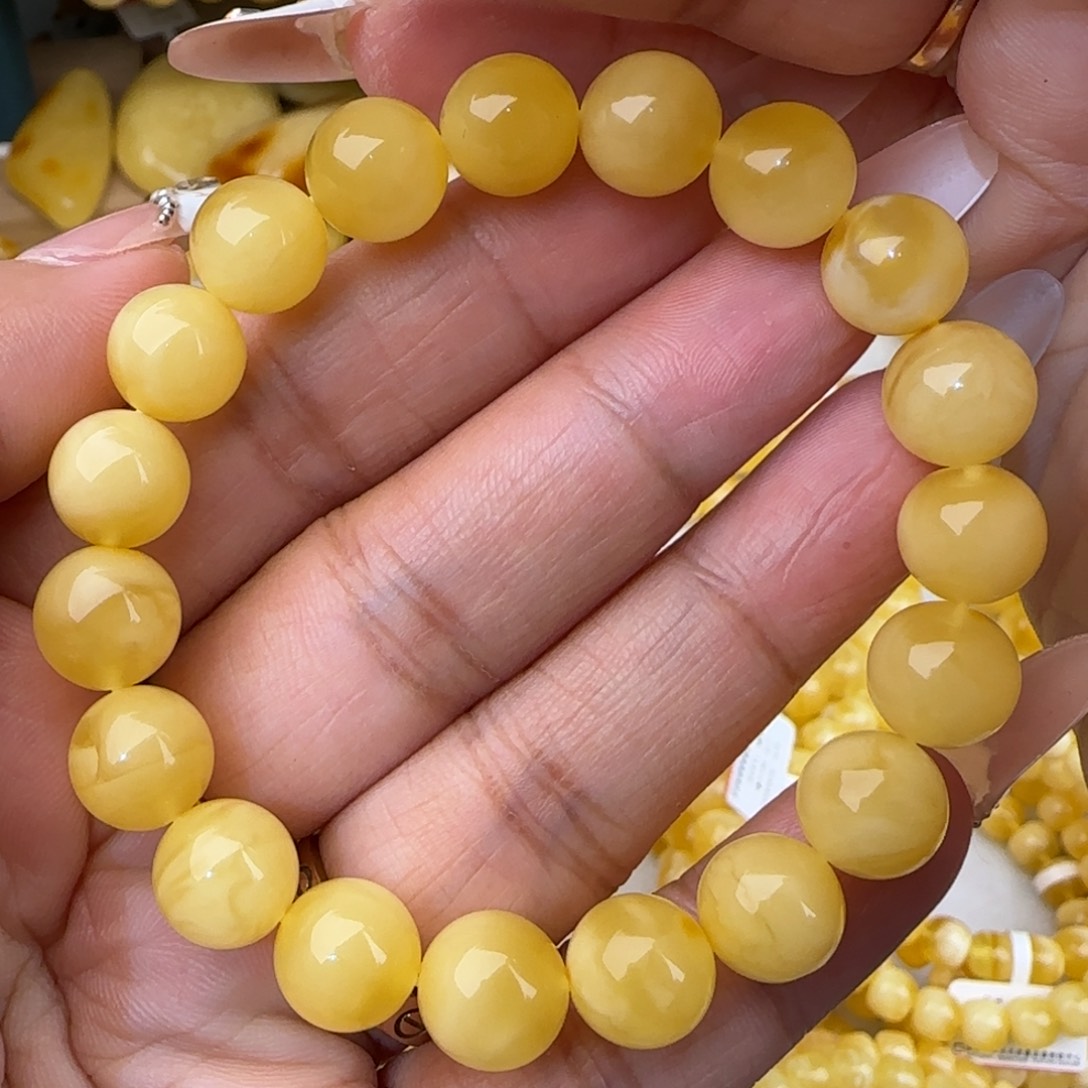 蜜蜡未镶嵌手串黄白花圆珠手串