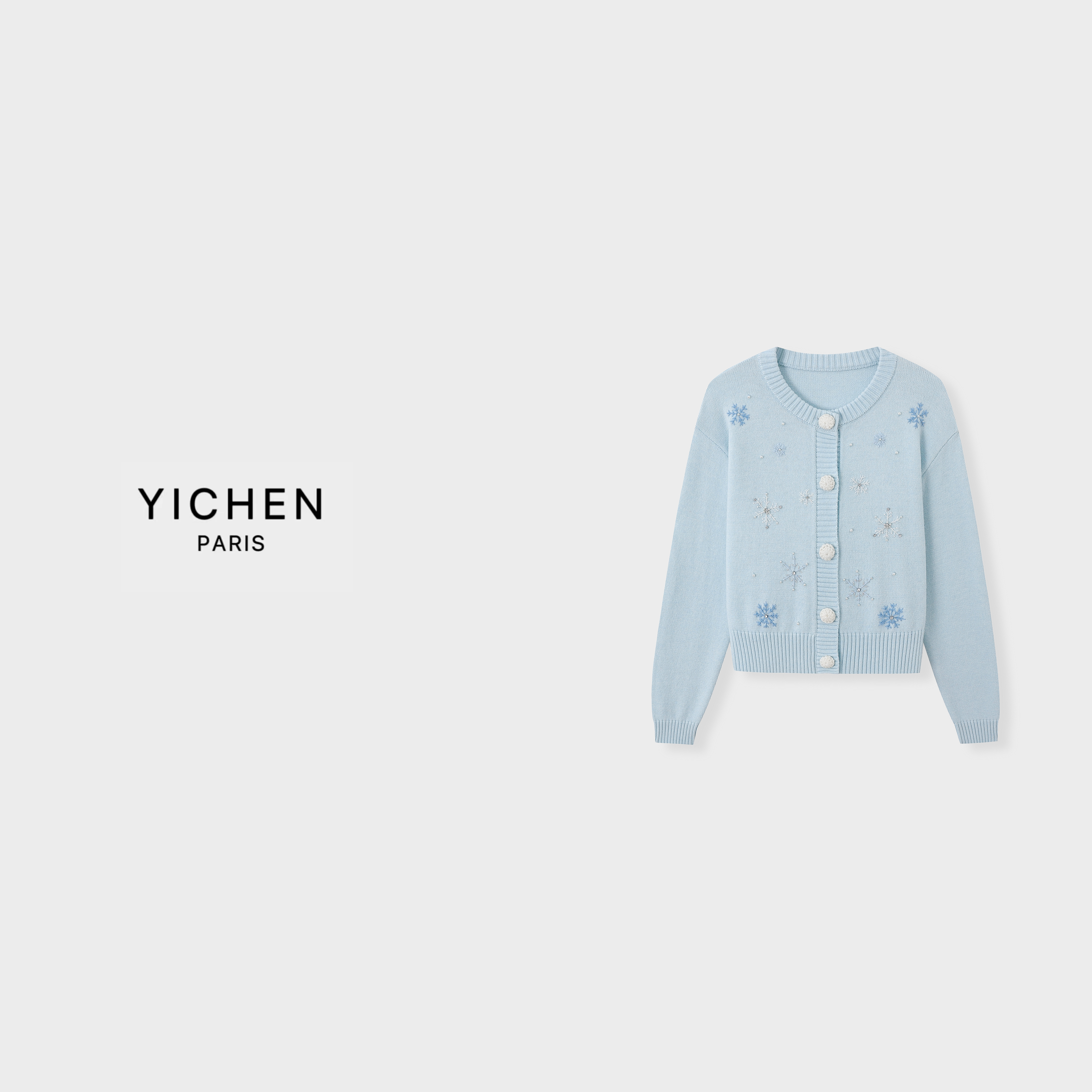 YC 冰川蓝手钩花重工单排扣圆领毛衣外套-6102