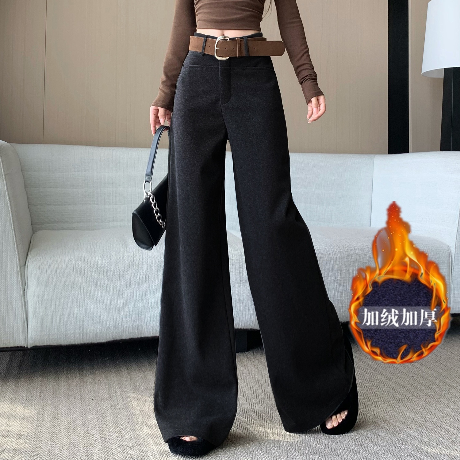 美式松弛感中高腰毛呢阔腿裤女宽腰秋冬新款直筒垂坠西装拖地裤