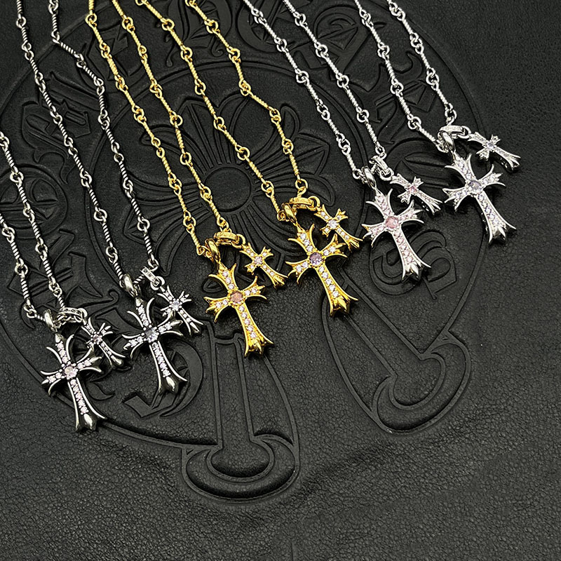 铜合金锆石项链 复古双十字架锆石项链