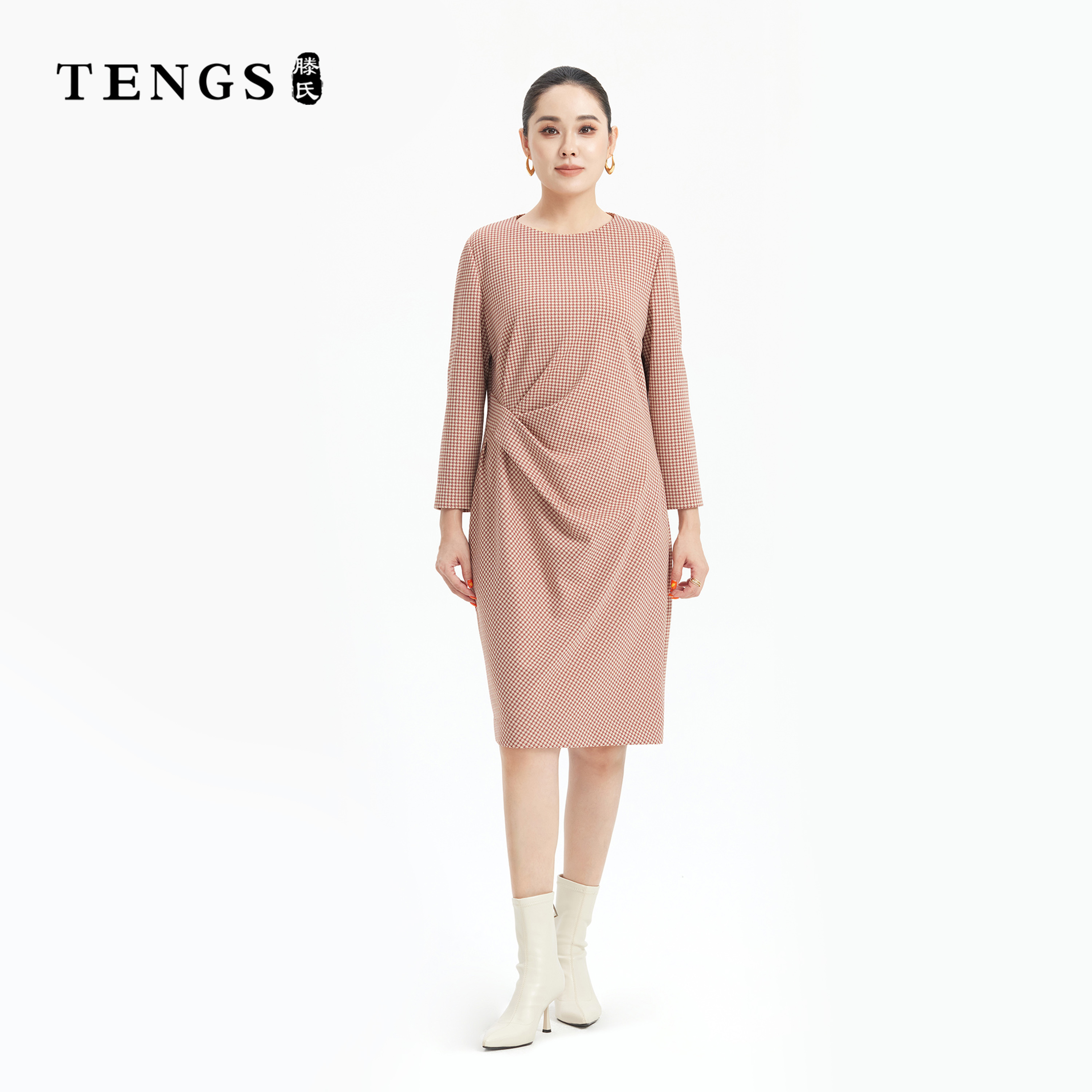 TENGS滕氏女装秋冬新款色织千鸟格纹时尚优雅通勤修身连衣裙