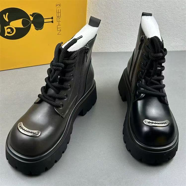 W213603时尚加绒大头靴复古百搭牛皮马丁靴气质百搭法式时装靴女