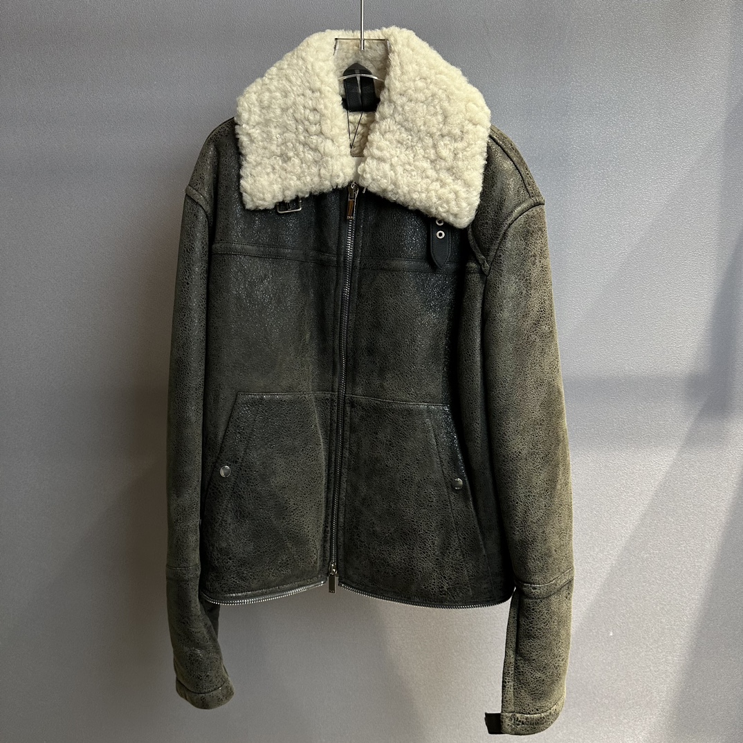 未使用 DIOR/迪奥 Dior 迪奥男士咖啡色皮毛一体羊羔毛皮衣115039