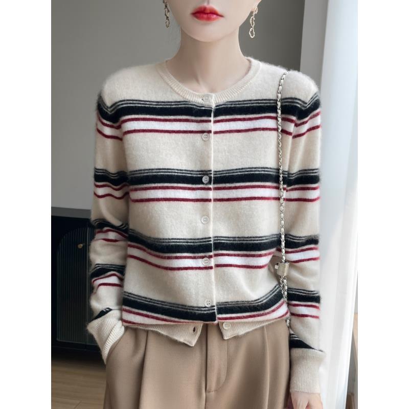 条纹撞色圆领长袖秋季新款开衫100羊毛D280