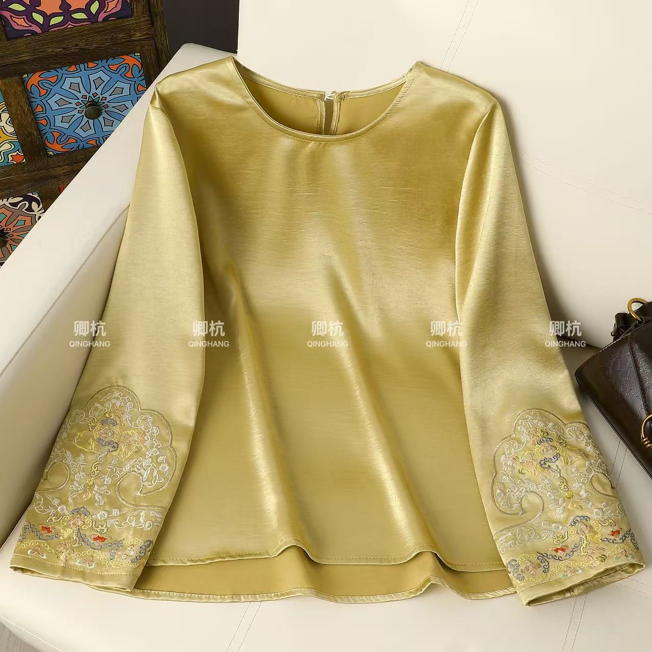 【吉祥如意】新中式国风秋季如意刺绣圆领套头长袖宽松上衣556