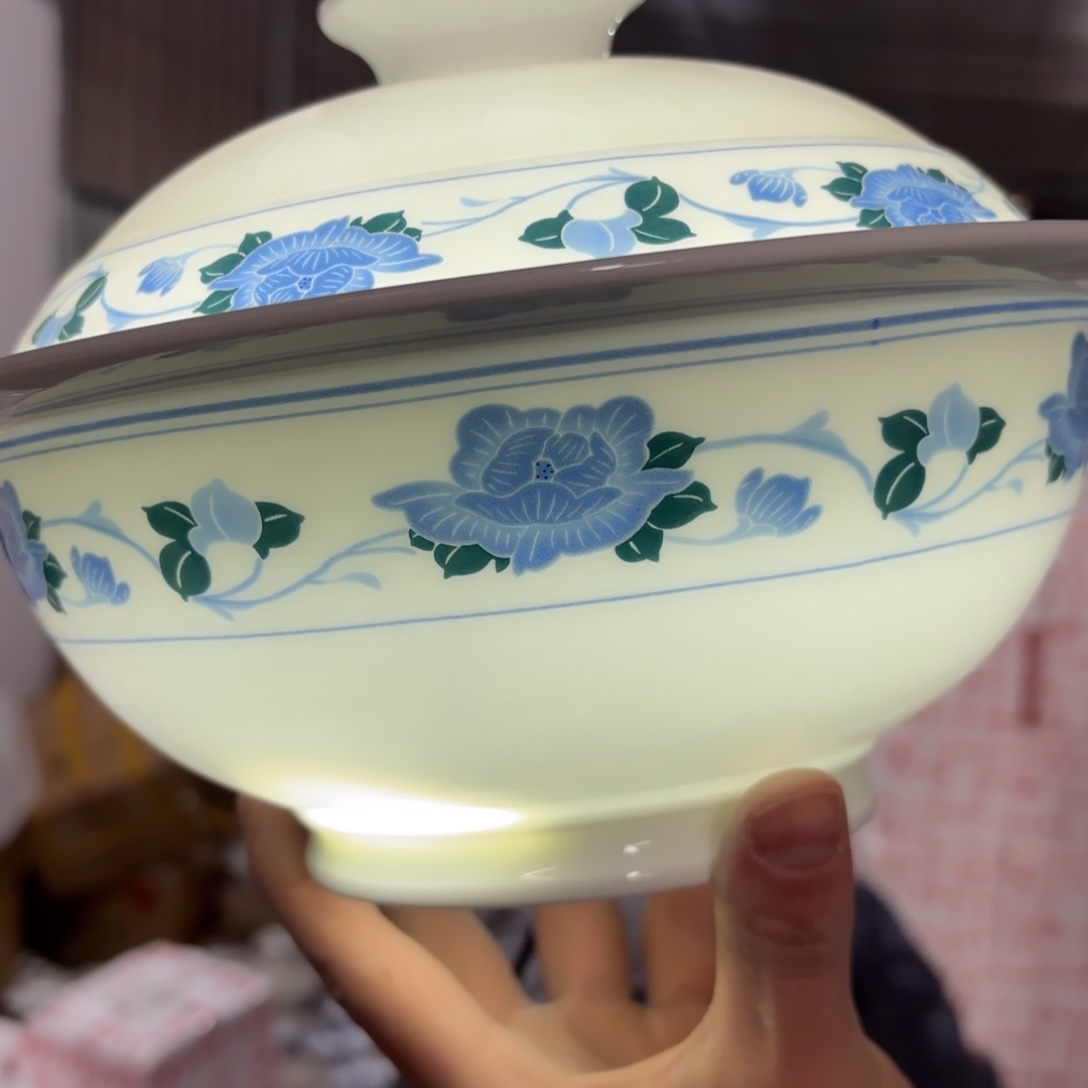 碟***恋陶瓷9英寸青花芙蓉花汤煲带盖1只微瑕