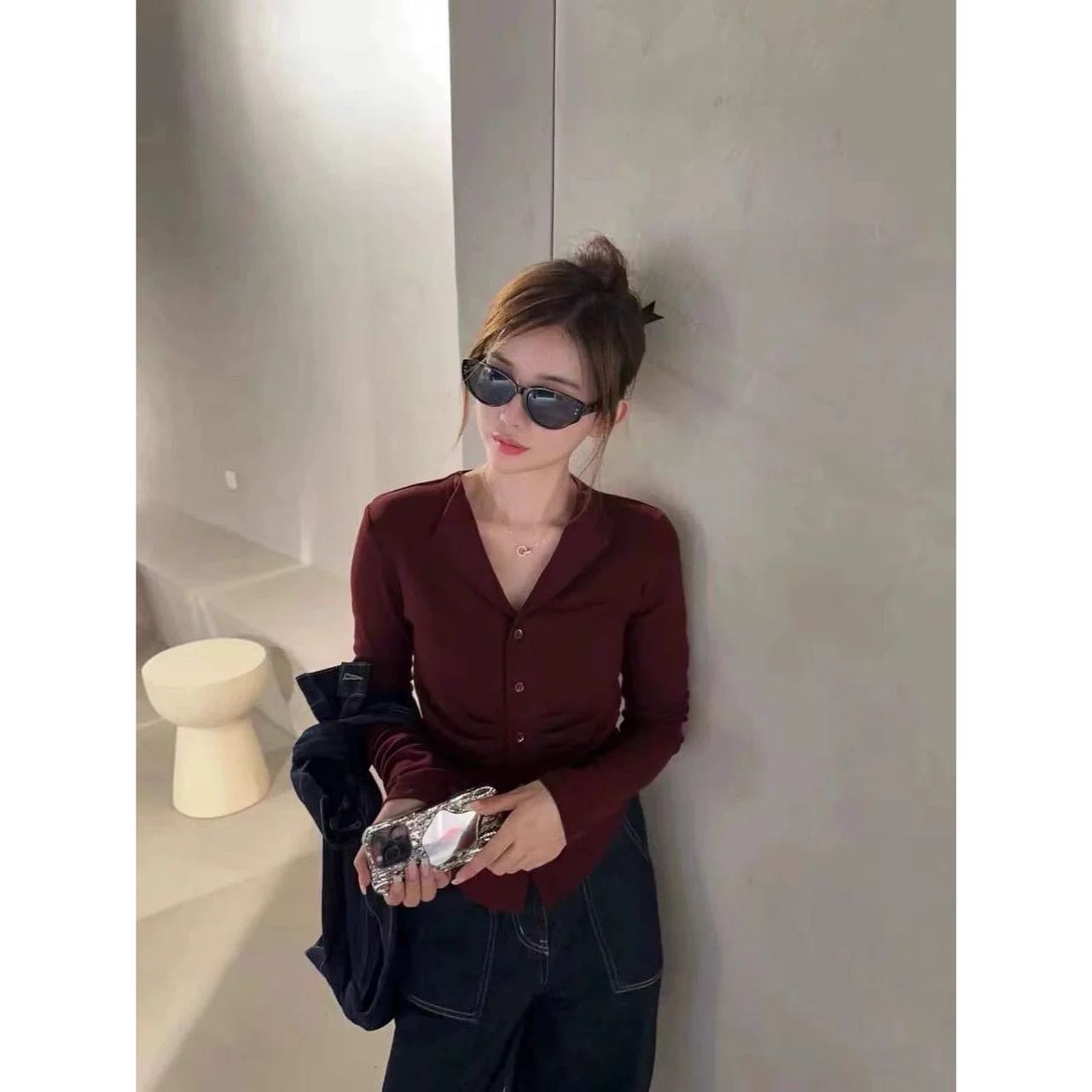 【省心穿搭】气质长袖单排扣不规则褶皱收腰显瘦百搭T恤女7647#0.08