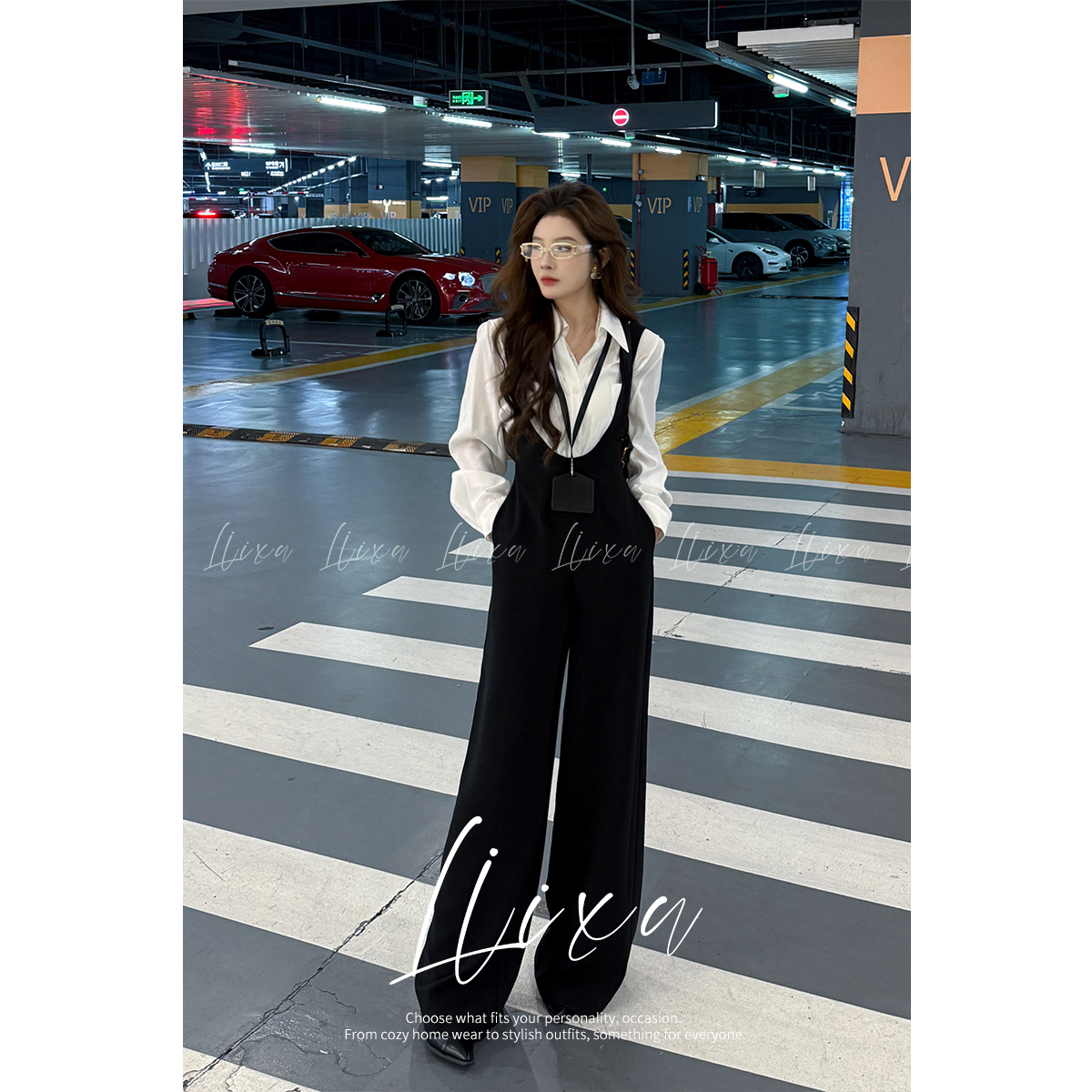 小榆【背带裤】宽松慵懒风高腰阔腿裤垂感黑色连体裤背带裤L51LK116