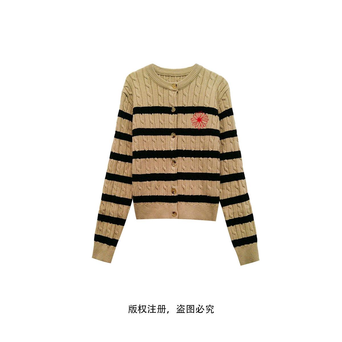 【编码79】圆领秋毛针织衫撞色刺绣针织开衫上衣毛衫宽松25092069