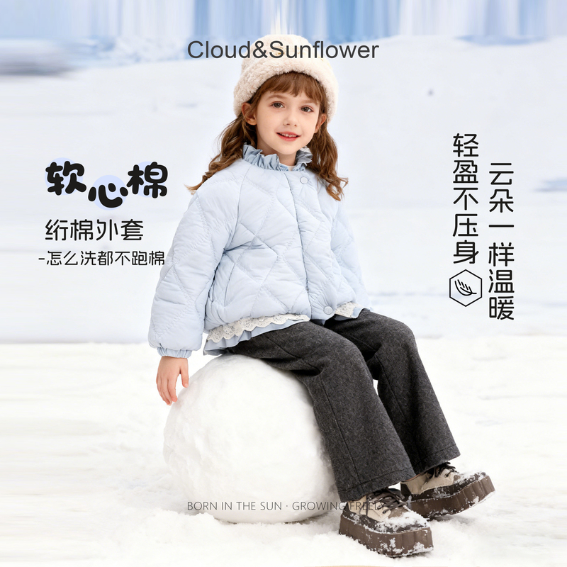 【云朵小葵】女童冬季新款爆款保暖菱格下摆蕾丝百搭休闲棉服555411