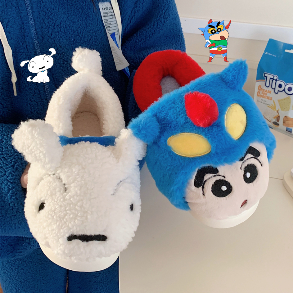 细细条 冬季新款趣味动感超人小新室内毛毛鞋男女居家保暖情侣鞋