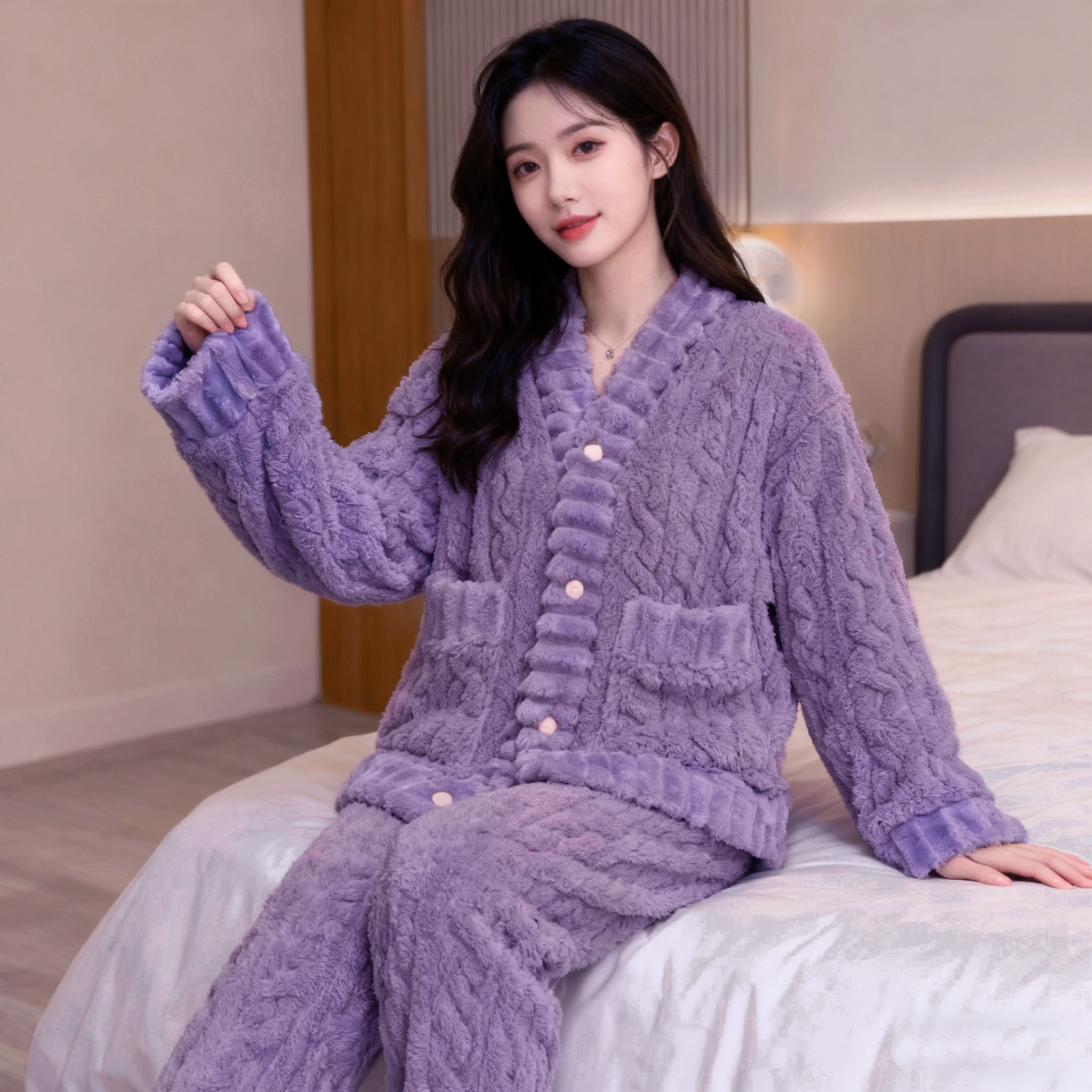 条纹罗兰紫睡衣女冬季加绒加厚保暖珊瑚绒家居服套装开衫可外穿