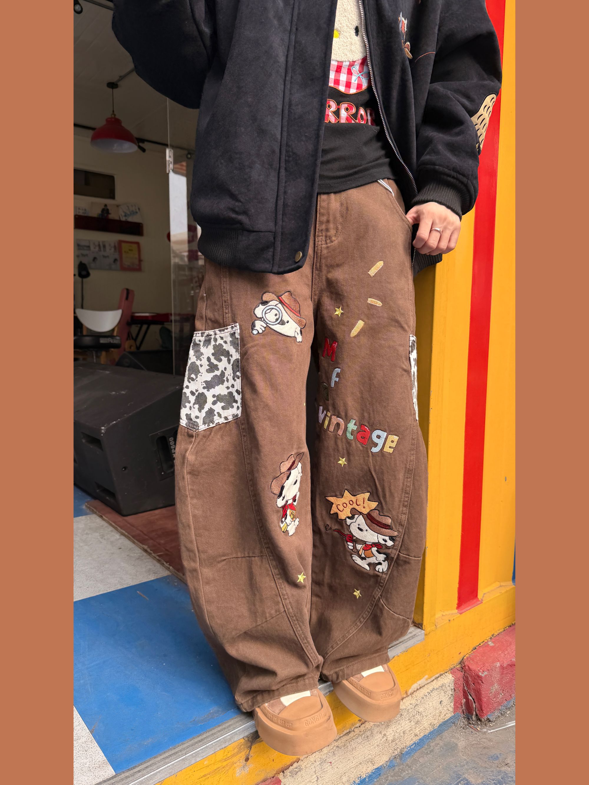 Nabi【西部斑点狗】时尚小众趣味卡通男女款弯刀牛仔裤k2955