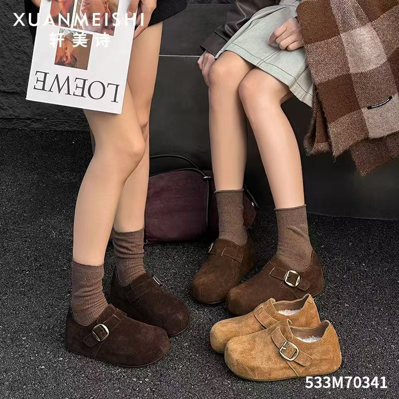 轩美诗2025秋冬新款70341圆头厚底真皮加绒时尚百搭休闲勃肯女鞋