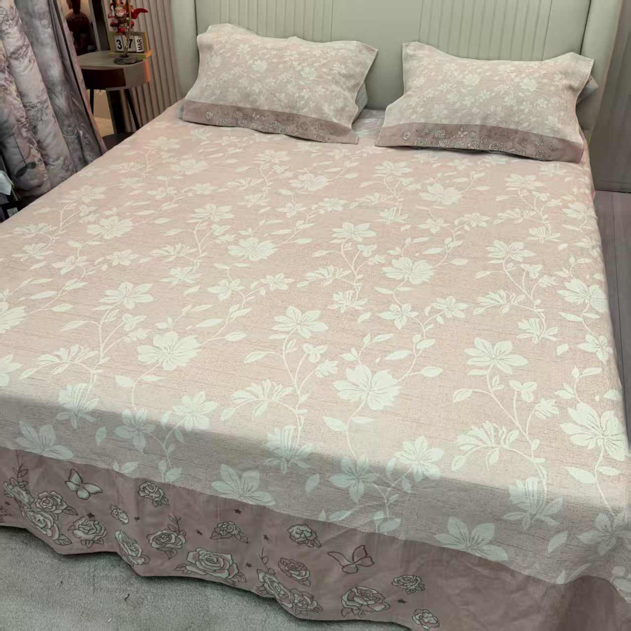 【花间蝶】230*250cm纱布汉麻棉加大软凉席舒适棉麻床盖三层粉色