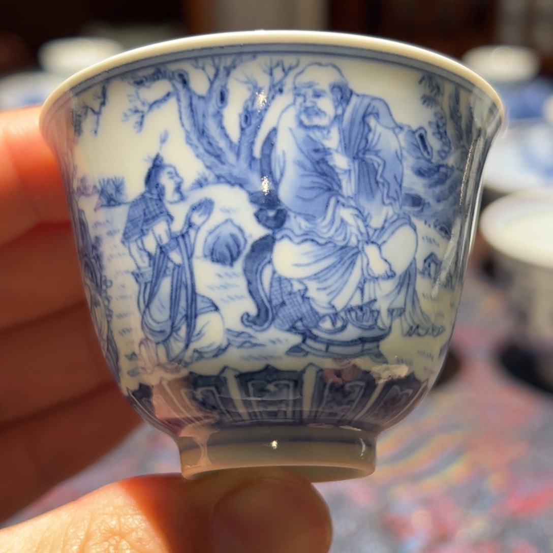 杯青花罗汉图人物故事薄胎铃铛杯口径约6厘米