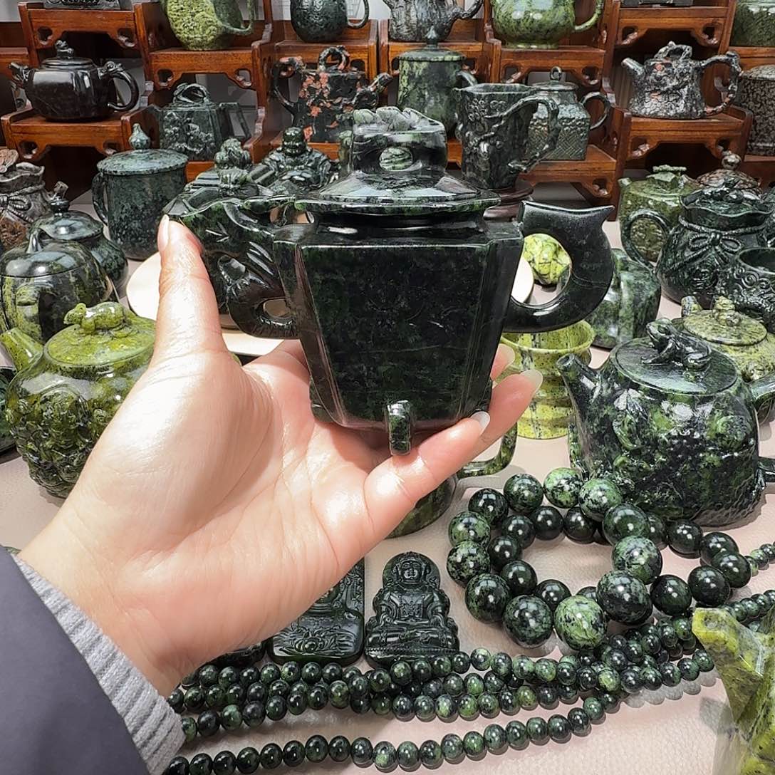 子***墨蛇纹石玉未镶嵌藏玉药王石茶壶微瑕不退不换