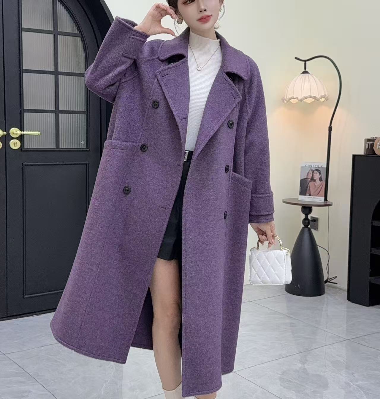 【澳·毛·莱赛尔天丝】双面大衣腰带长款毛呢外套8535款