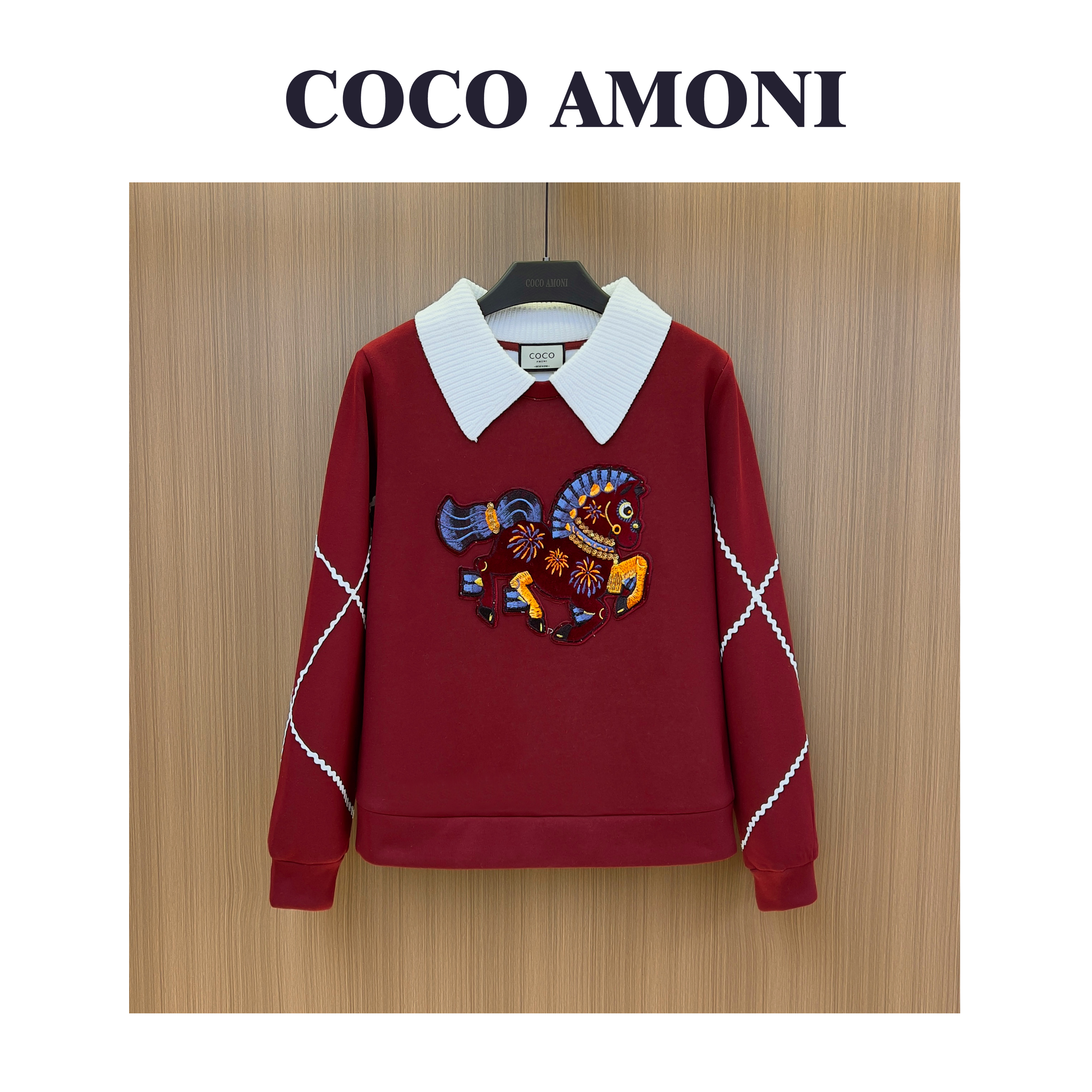 高级感设计师款原创女装拼接重工小马简约气质长袖卫衣AD303