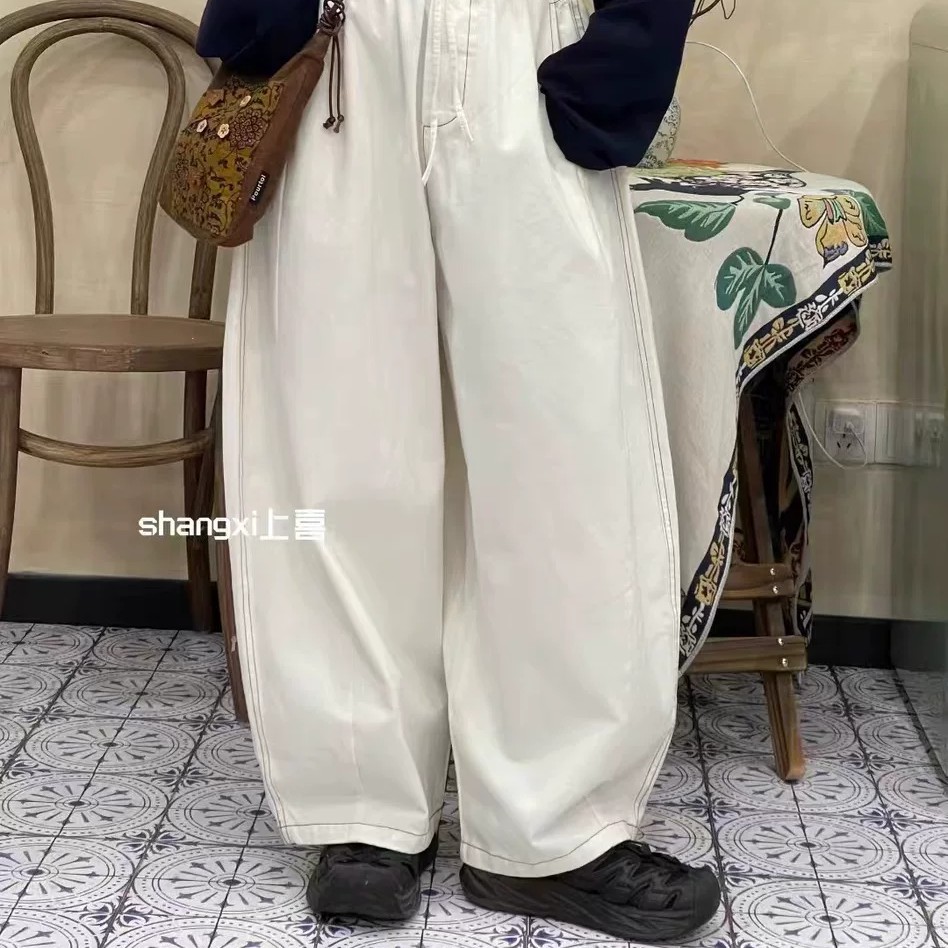 上喜家2025秋装日系文艺复古宽松休闲松紧腰小个子阔腿裤直筒裤
