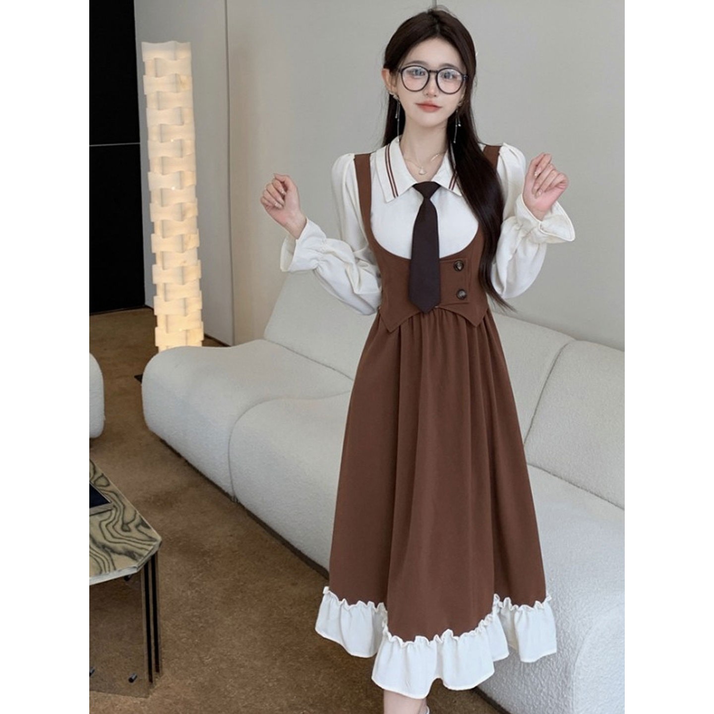 法式美拉德减龄学院风气质长裙秋冬大码胖mm收腰显瘦假两件连衣裙
