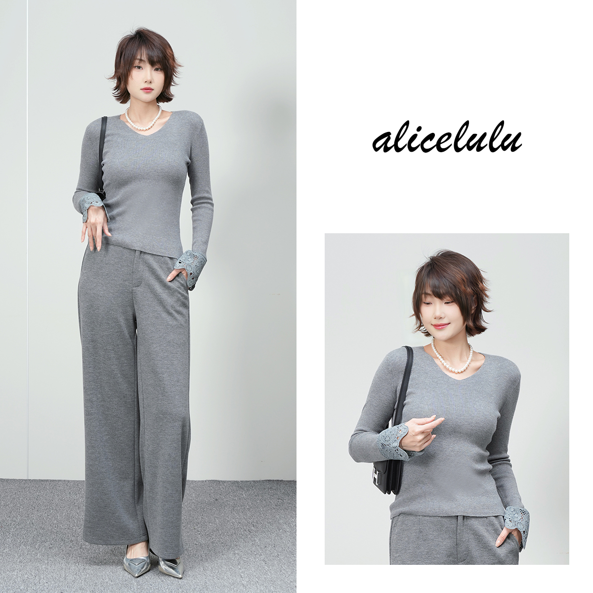 alicelulu‘都市女神’轻熟蕾丝花边袖V领针织衫S2146057E